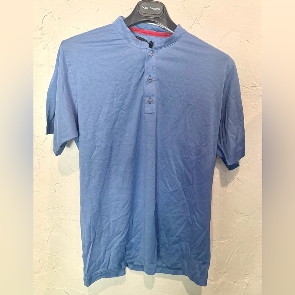 Kiton Men’s Cotton Short Sleeve Henley Shirt- Blue- Small